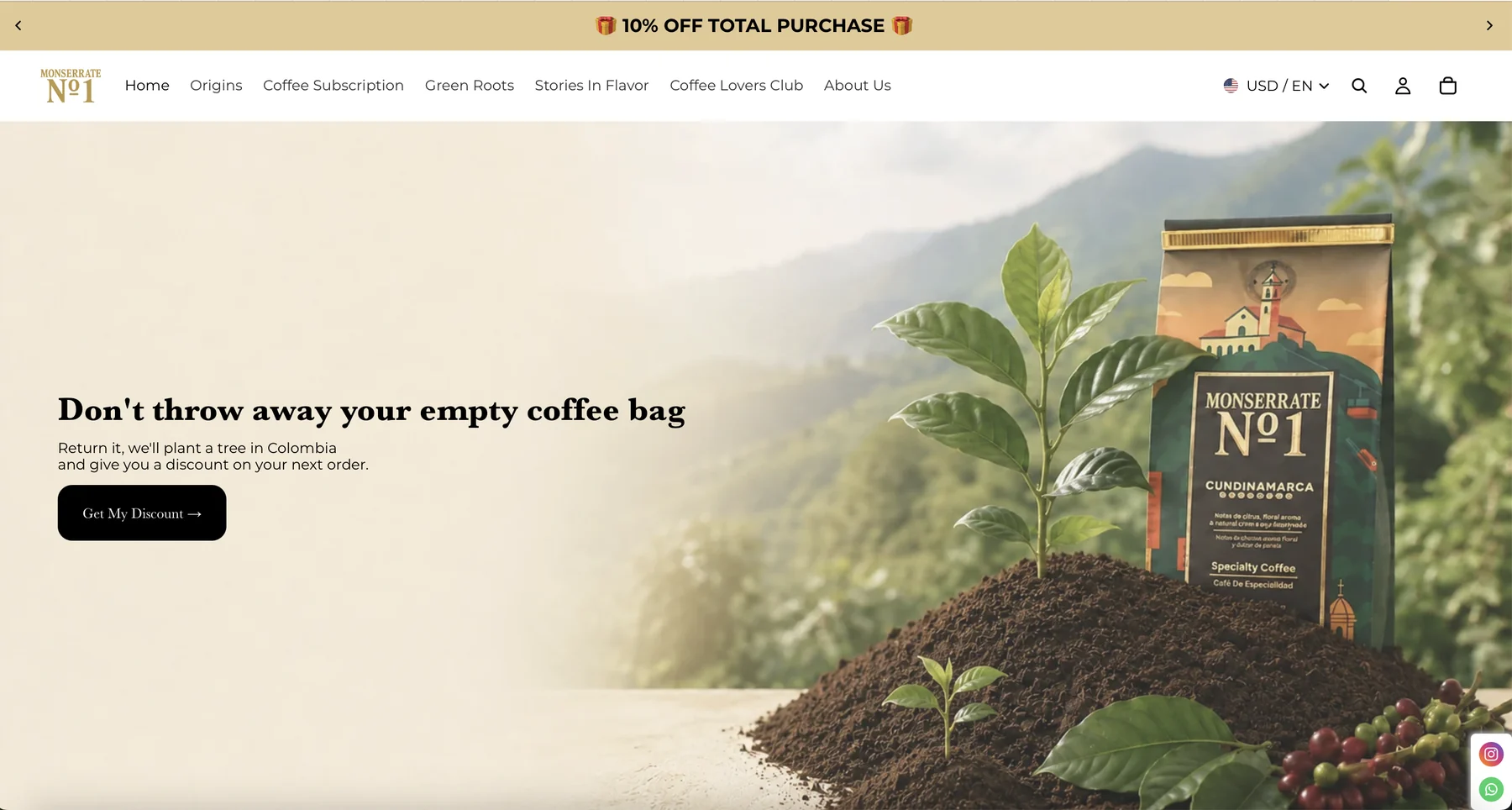 Colombian specialty coffee online store homepage with product photography and a subscription offer
